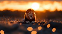 Majestic male lion resting in African savanna at sunset with golden bokeh lights in foreground, dramatic orange sky and sun creating silhouette effect in wildlife scene.