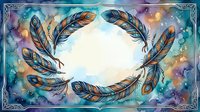 Watercolor feathers arranged in a circular frame with ornate patterns on a colorful abstract background, creating an elegant border with copy space.