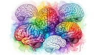 Colorful watercolor brain illustrations with rainbow gradients representing neuroscience, psychology, mental health and cognitive diversity concepts.