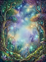 Enchanted forest clearing with glowing trees, magical lights, and starry sky creating a mystical woodland gateway for fantasy and nature designs.