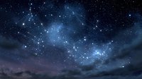Cosmic night sky with bright stars and constellation patterns connected by glowing lines against dark clouds and purple horizon.