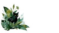 Black cat hiding among tropical green leaves and plants on white background isolated for design and decoration projects.