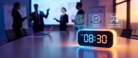 Digital clock displaying 08:30 in modern conference room with blurred business professionals during morning meeting. Corporate time management concept.