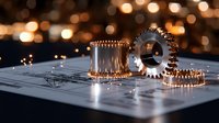 Metallic gears and mechanical parts on technical drawing blueprint with dramatic lighting and bokeh background effect creates industrial mood.