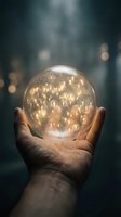 Hand holding glowing crystal sphere filled with golden light particles and bokeh effects against blurred dark background. Concept for future vision, magic, fortune telling, success, innovation.