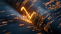Glowing golden financial chart rising through digital particles in dark blue background with light effects and depth of field for business analytics.