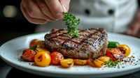Professional chef garnishing grilled beef steak with fresh herbs on white plate with roasted vegetables in restaurant kitchen for culinary presentation.