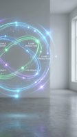 Glowing circular economy hologram with eco-design and clean production labels floating in a modern interior room, sustainability concept.