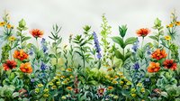 Watercolor wildflower meadow with vibrant poppies, daisies, and lavender blooms against soft green foliage, creating a lush botanical landscape for nature-inspired designs.