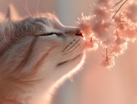 Close-up profile of white cat sniffing delicate dandelion seeds backlit by warm sunset light creating dreamy atmospheric mood with soft coral pink tones.