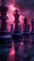 Chess pieces silhouetted against dramatic pink and purple background with bokeh effects and reflective surface, king piece centered in mysterious atmosphere.