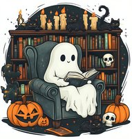 Cozy ghost reading book in armchair surrounded by Halloween decorations, black cats, pumpkins, candles, and skulls on bookshelf background. Spooky autumn illustration.