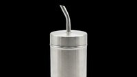 Stainless steel squeeze bottle with curved metal spout, isolated on transparent background. Ready for clipart, product design, kitchen graphics, and print-on-demand applications.