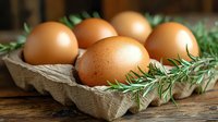 Fresh brown eggs in cardboard container with sprigs of rosemary on rustic wooden surface, natural food styling for organic farm products.