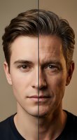 Split face portrait showing aging process from young to elderly Caucasian man with brown hair demonstrating time passage and life stages concept.