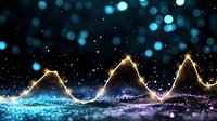 Glowing wave pattern with golden light trails against dark background with blue bokeh effects and sparkling particles creating magical atmosphere.