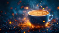 Magical glowing cup of hot coffee with golden foam and steam against dark background with sparkles and bokeh lights creating mystical atmosphere.
