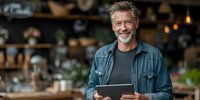Confident mature man with gray hair using digital tablet in cozy cafe environment, representing modern senior lifestyle and technology adoption.