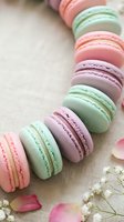Colorful pastel macarons arranged in row on beige background with delicate flowers and rose petals for bakery menu design and confectionery advertising.