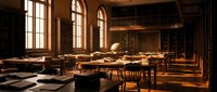 Historic university classroom with wooden desks and chairs arranged in rows, featuring arched windows and warm lighting for educational content.