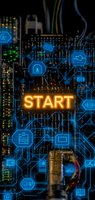 Glowing orange START text on circuit board with blue digital icons and network connections, dark background showing electronic components and pathways.
