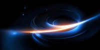Luminous spiral of light against dark background with blue and orange glowing elements creating cosmic vortex effect, suggesting space phenomenon or black hole.