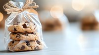 Freshly baked chocolate chip cookies stacked in clear gift bag with rustic twine bow, soft bokeh background creates warm, homemade atmosphere.