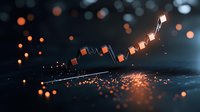 Upward trending stock market graph with glowing orange indicators against dark background, reflecting financial growth and investment analytics.