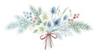 Watercolor winter bouquet with pine branches, berries, flowers and ribbon bow isolated on white background for holiday greeting cards and festive designs.