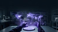 Hands manipulating holographic digital interface with purple glowing data visualization and network connections in modern tech workspace for futuristic business and innovation concepts.
