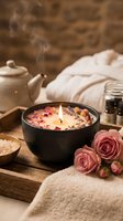 Aromatherapy candle with rose petals and dried flowers in black bowl surrounded by pink roses, towels and spa accessories for relaxation and wellness.