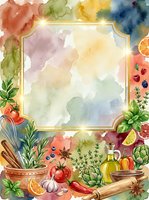 Watercolor cooking frame with fresh vegetables, herbs, fruits, and kitchen utensils surrounding golden border on white background. Isolated design for culinary projects, recipe cards, menus.