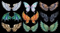 Fantasy wings clipart set with angel, dragon, butterfly, phoenix, steampunk and peacock styles, isolated on transparent background, ready for t-shirt design, stickers, and print on demand.