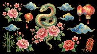 Chinese New Year snake with peonies, lanterns, clouds, bamboo, and firecrackers clipart set, isolated on transparent background, ready for t-shirt design and print on demand.