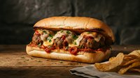 Pulled pork sandwich with melted cheese and crispy bacon on toasted bun, served with golden potato chips for casual dining and food photography.