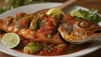 Whole fish cooked in rich tomato sauce with olives, herbs and lime garnish served on white plate. Mediterranean seafood dish for restaurant menu design.