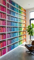 Modern home library with rainbow color-coded books arranged on white built-in shelves creating vibrant gradient wall display in contemporary reading room.