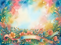 Watercolor floral frame with vibrant blooms and ornamental foliage surrounding blank banner space, suitable for invitations, greeting cards, and decorative design projects.