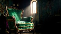 Luxurious emerald green velvet armchair with ornate gold frame positioned in dark moody interior space with arched window casting dramatic light, vintage baroque furniture design for luxury home decor projects.