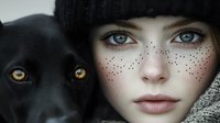 Young woman with freckles and fair complexion wearing black winter hat beside black dog with amber eyes, close-up portrait.