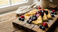 Delicious homemade crepes with mixed berry jam and fresh berries on rustic wooden board, cozy kitchen breakfast scene with natural window light.