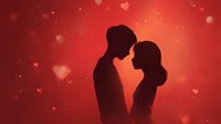 Romantic couple silhouettes embracing against warm red background with floating hearts and bokeh lights for Valentine's Day celebration and love themes.