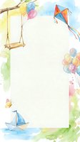 Watercolor children frame with swing, kite, balloons, paper boat and butterfly, pastel colors, blank space for text, for cards and invitations.