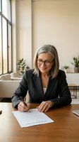 Mature businesswoman with gray hair and glasses signing documents at wooden desk in modern office with natural light and plants.