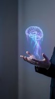 Holographic brain and spinal cord floating above open hands representing neuroscience, artificial intelligence, medical technology and mental health concepts.