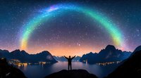Silhouette of person with raised arms under colorful aurora borealis arc over mountain lake landscape at night, stars and city lights reflecting in water.