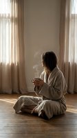Young woman in cozy bathrobe sitting on wooden floor holding steaming coffee mug by window with natural morning light creating peaceful atmosphere.