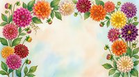 Colorful dahlia flowers frame with green leaves on soft pastel background. Floral border design for greeting cards, invitations, wedding decor.