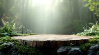 Wooden platform in lush forest clearing with sunlight filtering through trees, surrounded by green foliage and moss-covered rocks, suitable for product display and nature themes.