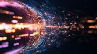 Abstract digital tunnel with glowing particles and light streaks in blue and pink colors against dark background, creating futuristic technology visualization effect.